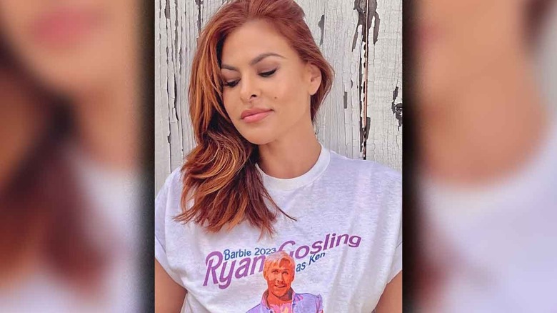 Eva Mendes poses wearing a 'Barbie' shirt