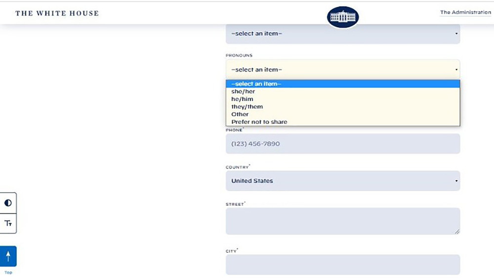 White House contact form pronouns