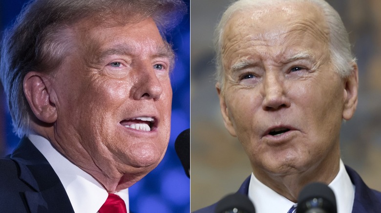 Left: Donald Trump speaking, Right: Joe Biden speaking