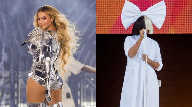 A side by side of Beyoncé performing onstage during the Renaissance world tour in June 2023 in Warsaw, Poland and Sia performing On "Good Morning America" in July 2016 in New York City