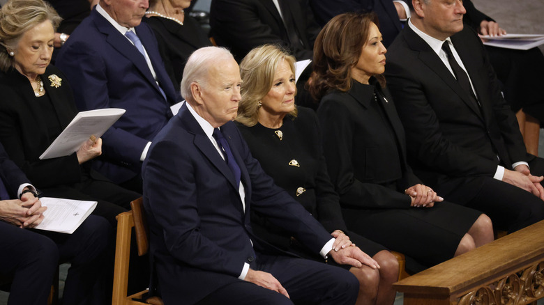 Hilary Clinton, Joe Biden, Jill Biden, Kamala Harris and Doug Emhoff at Jimmy Carter's funeral in 2025