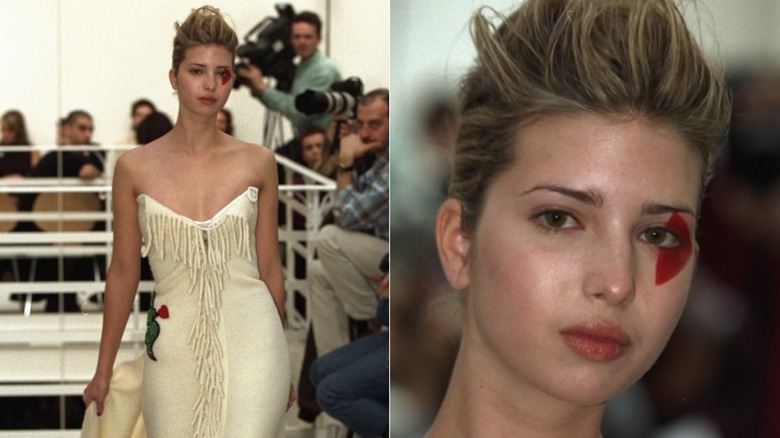 Split image of Ivanka Trump's dress and makeup detail on the Castelbajac runway in 1998