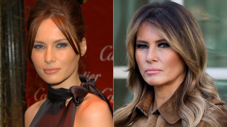 Melania in a black dress with a straight look (L) and Melania years later in a brown coat (R)