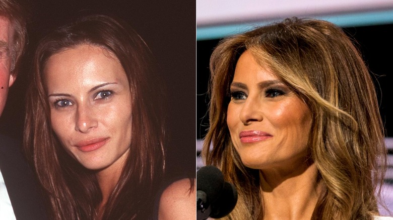 A young Melania Trump posing with Donald (L) Melania Trump smiles at a political event  (R)