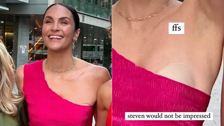 Laura Byrne's stick on bra showing beneath pink dress