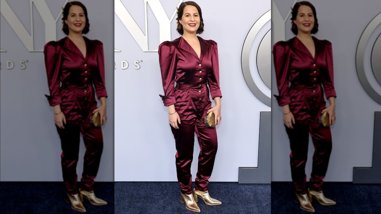 Shaina Taub in wrinkly satin jumpsuit