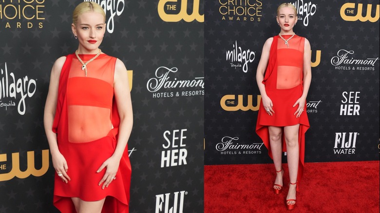 julia garner in red ferragamo gown