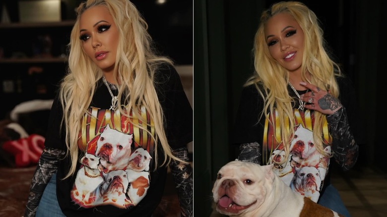 Bunnie XO wearing a short with her dog Chachi's face on it for Valentine