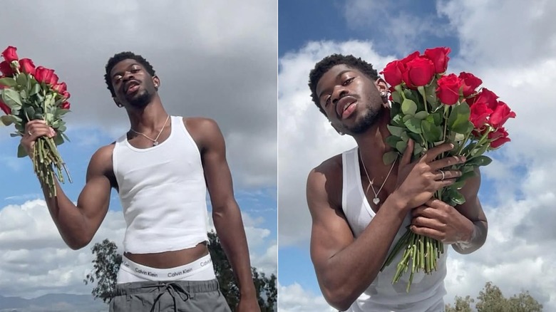 LIl Nas X holding a boquet of roses for Valentines