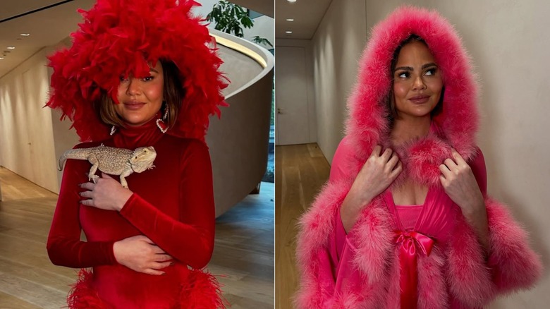 Chrissy Teigen in two different pink outfits, one with a huge hat and a reptile on her, the othe with pink feathers