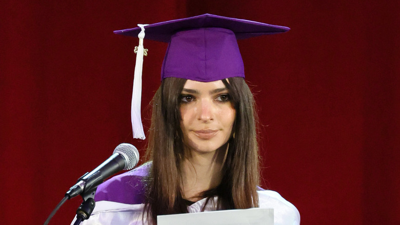 Emily Ratajkowski giving graduation speech