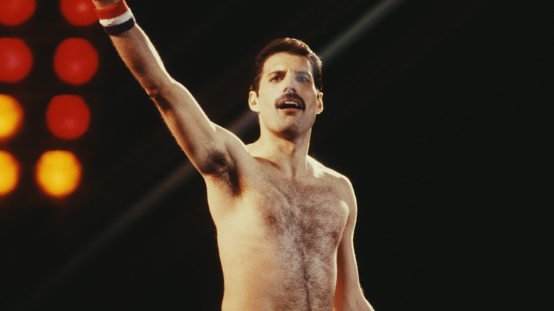 Freddie Mercury bare-chested on stage