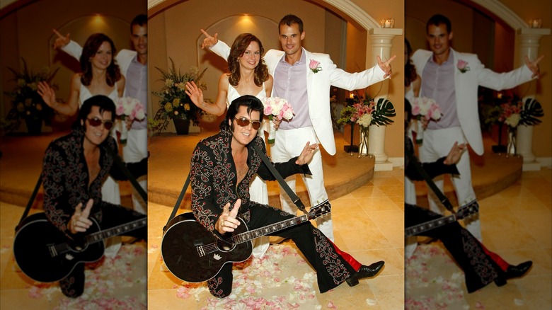 Mary Lynn Rajskub and her ex-husband Matthew Rolph posing at their wedding with Elvis impersonator