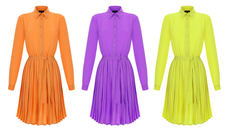 Shirtdresses in orange, purple and lime green