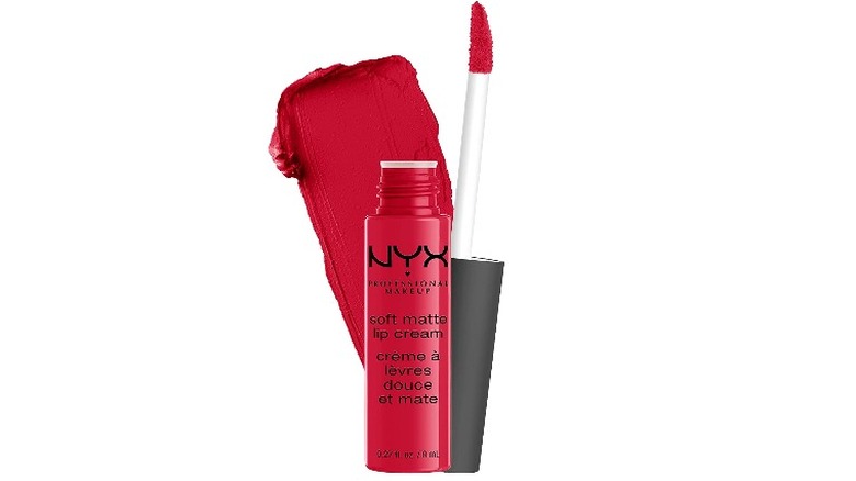 red NYX lipstick tube next to doe foot applicator