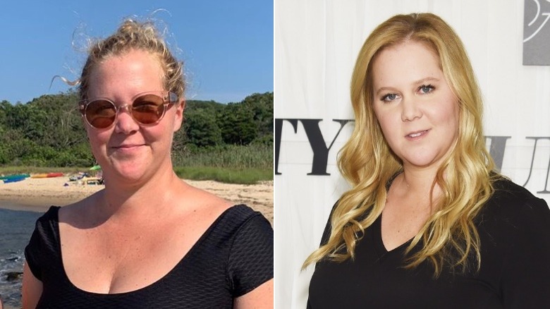 Amy Schumer with messy hair pulled back, Amy Schumer with styled hair at an event