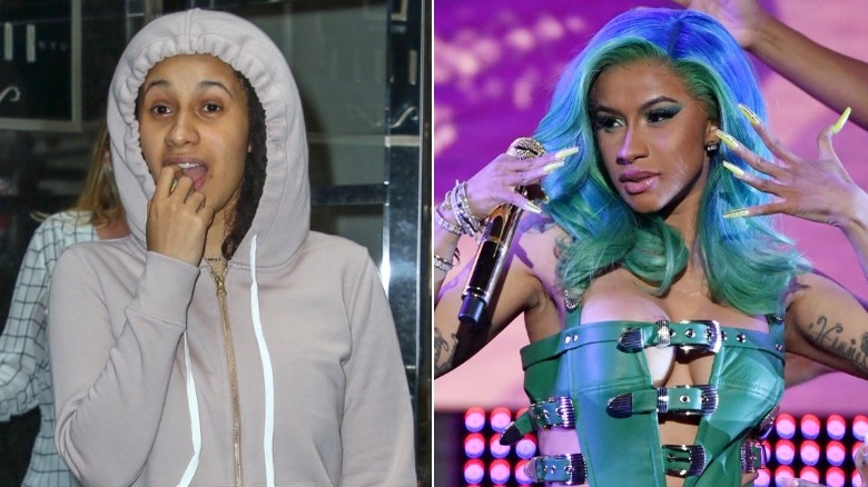 Cardi B with her hair undone, Cardi B performing on stage with blue hair