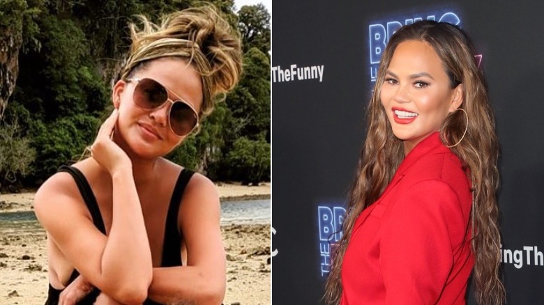 Chrissy Teigen with her hair in a messy bun, Chrissy Teigen with styled hair at an event