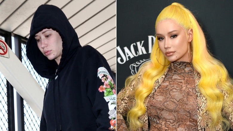 Iggy Azalea covering her hair with a hoodie, Iggy Azalea donning bright yellow hair