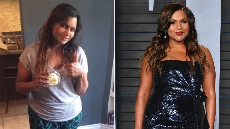 Mindy Kaling with messy hair, Mindy Kaling with styled hair