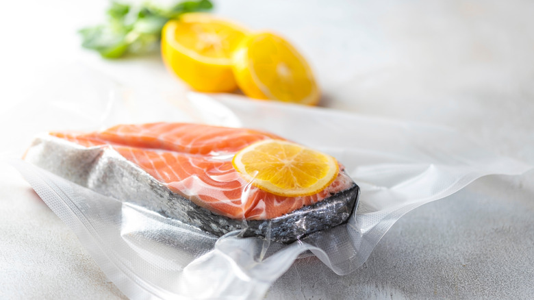 Salmon fillets in a vacuum sealed sous vide package