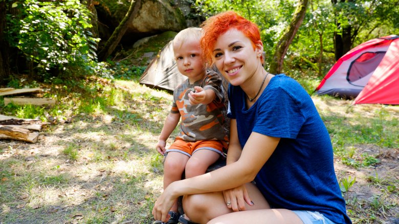 mom and kid camping