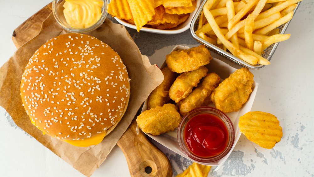 A burger, fries, and chicken nuggets from above