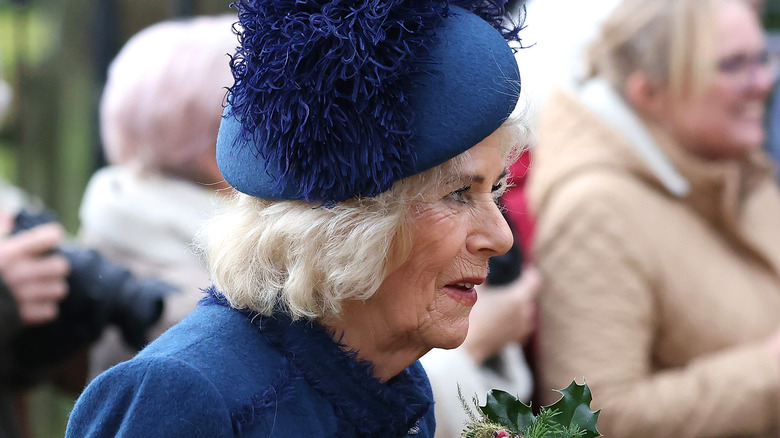 Queen Camilla wearing a blue hat