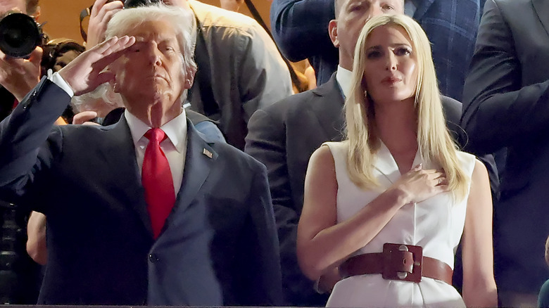 Donald Trump and Ivanka Trump during the national anthem at the Super Bowl