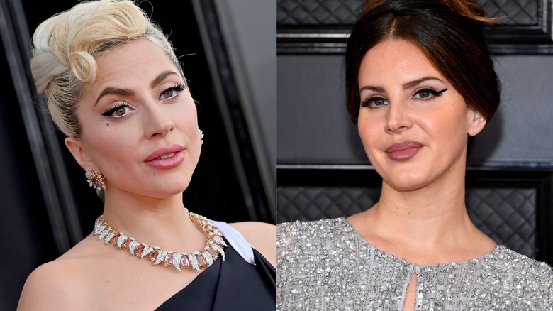 Left: Lady Gaga on red carpet, Right: Lana Del Rey on red carpet