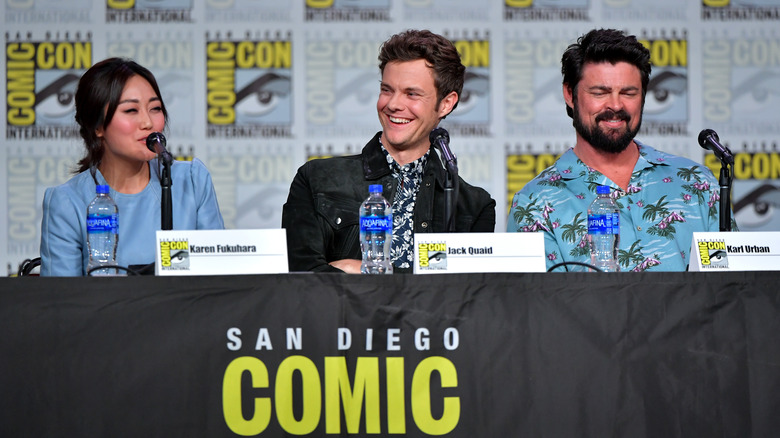 Karen Fukuhara, Jack Quaid, Karl Urban on a panel