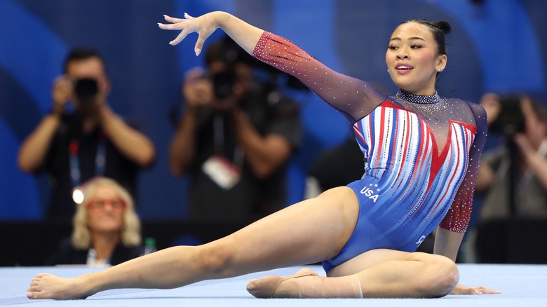 Suni Lee performing a floor routine at trials