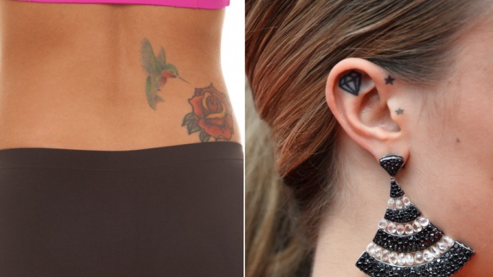 Lower back and ear tattoos