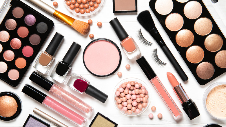 Makeup products displayed on a table