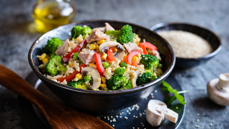 quinoa bowl vegetables broccoli mushrooms