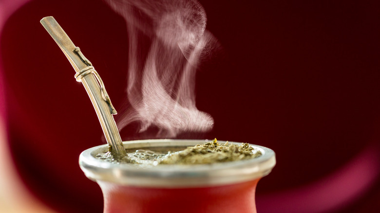 Closeup of hot steaming yerba mate drink in traditional gourd with metal straw