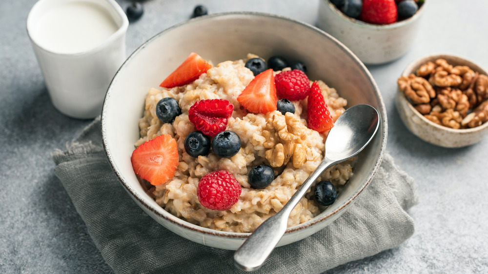 Strawberries and blueberries in oatmeal