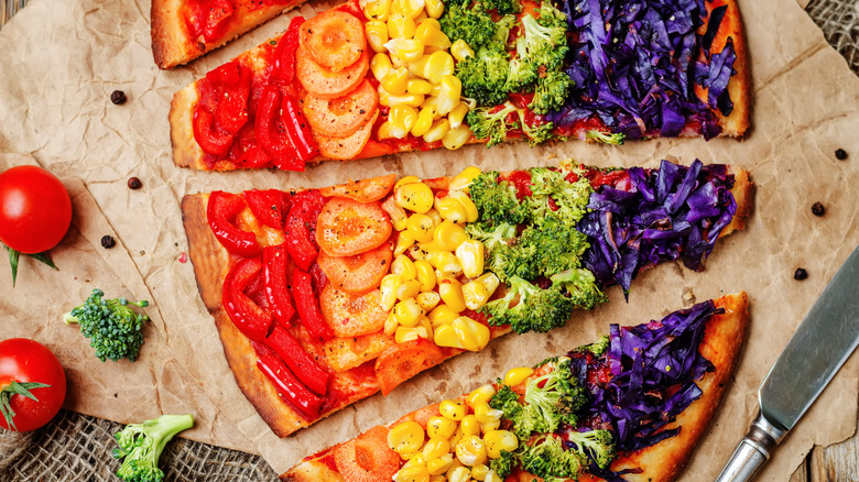 colorful produce rainbow pizza