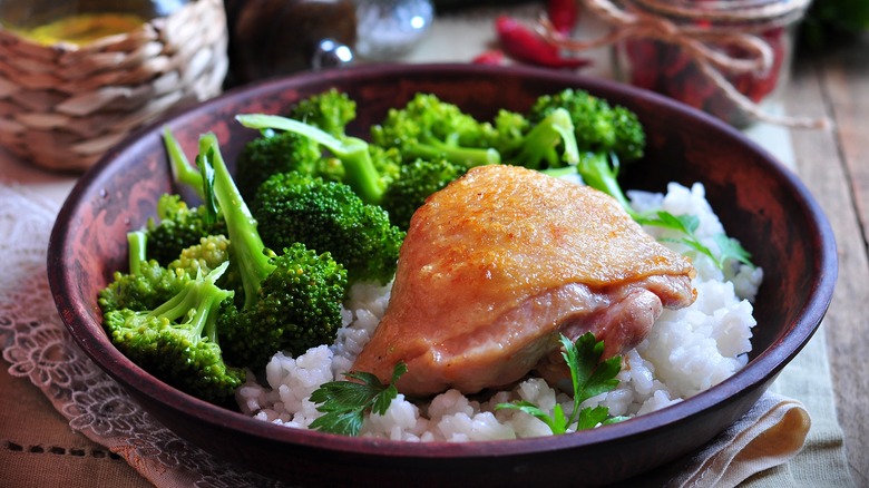 Roasted chicken, rice, and broccoli