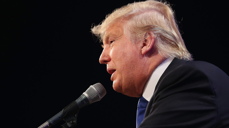 A side view of Donald Trump's ailing hair onstage during an event