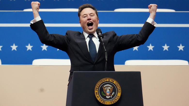 Elon Musk getting excited speaking at presidential podium