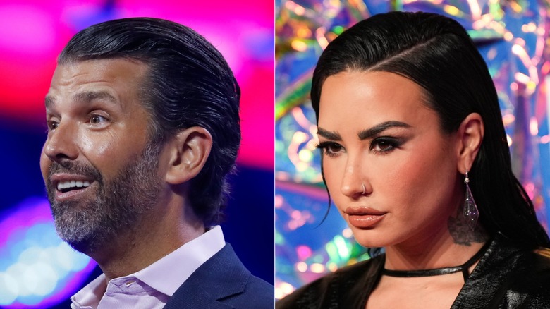 Donald Trump Jr smiling / Demi Lovato looking ahea