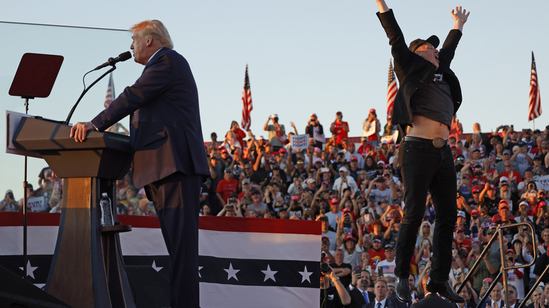 Elon Musk jumps at Donald Trump's campaign rally in October 2024