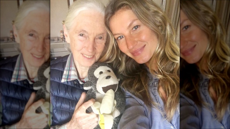 Jane Goodall and Gisele Bündchen smiling with a stuffed monkey