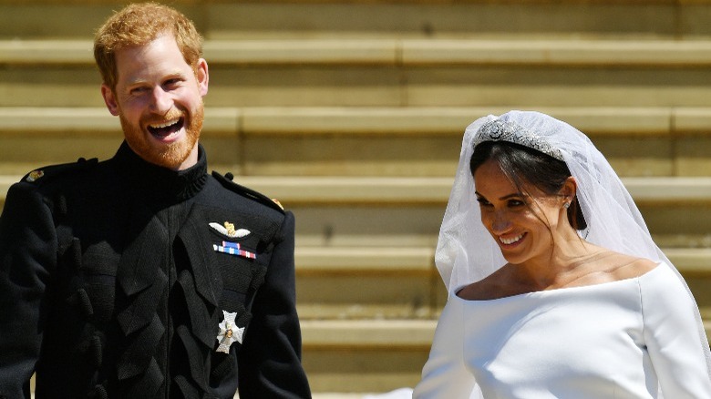 Harry and Meghan smiling on their wedding day