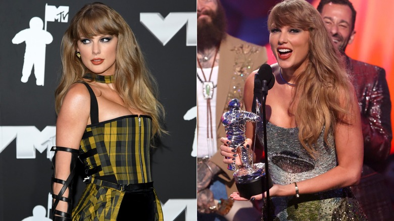 Taylor Swift looking over shoulder & Taylor Swift smiling at VMAs