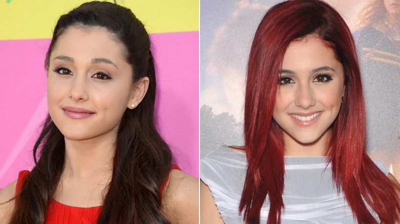 Ariana Grande smiling with brown and red hair