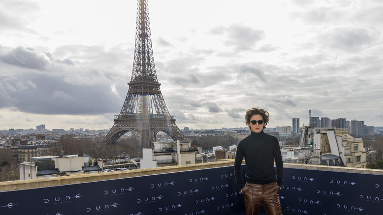 Timothée Chalamet in front of Eiffel Tower