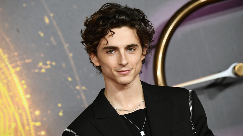 Timothée Chalamet in black jacket and silver jewelry