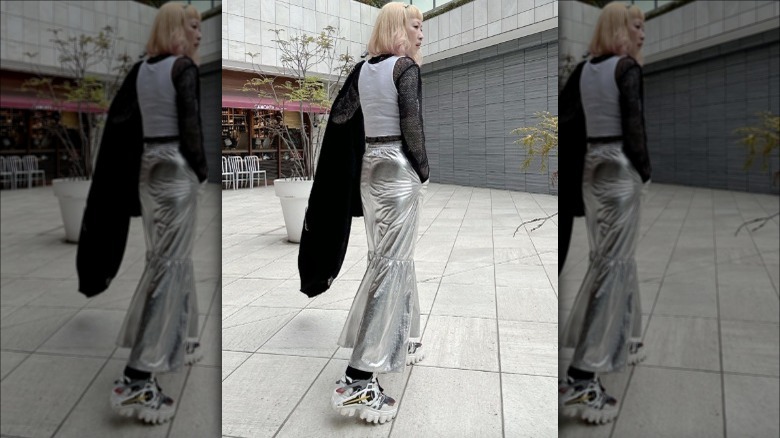 metallic maxi skirt with sporty platforms